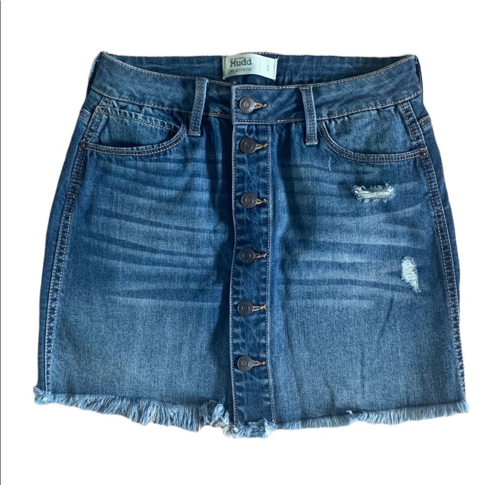 Mudd FlxStretch Woman’s Mini Skirt Button Down Frayed Jean Skirt Size 2
